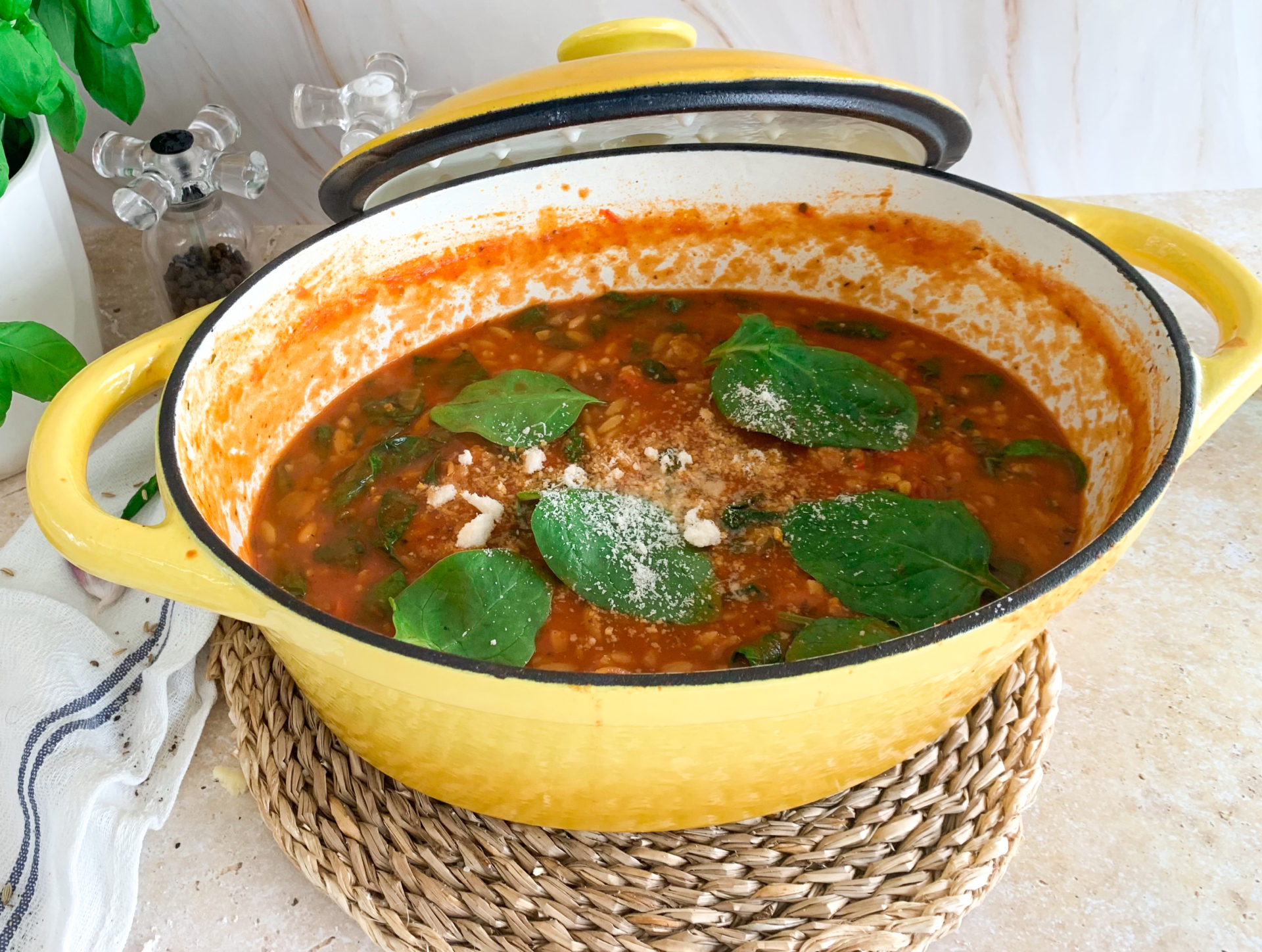 Spicy Sicilian Sausage, Spinach and Orzo Soup