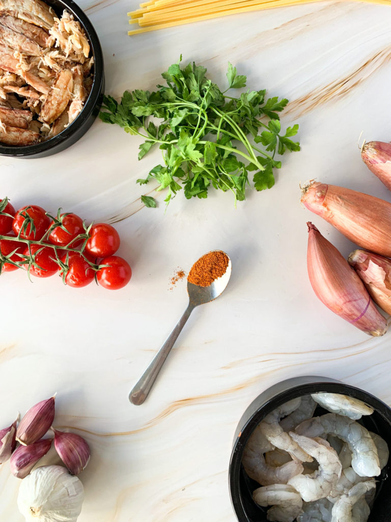 prawn linguine ingredient shot