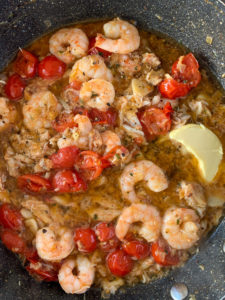 prawn and crab linguine cooking shot