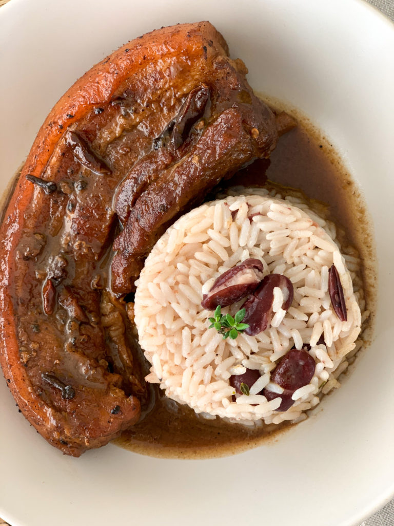 braised pork with rice and peas
