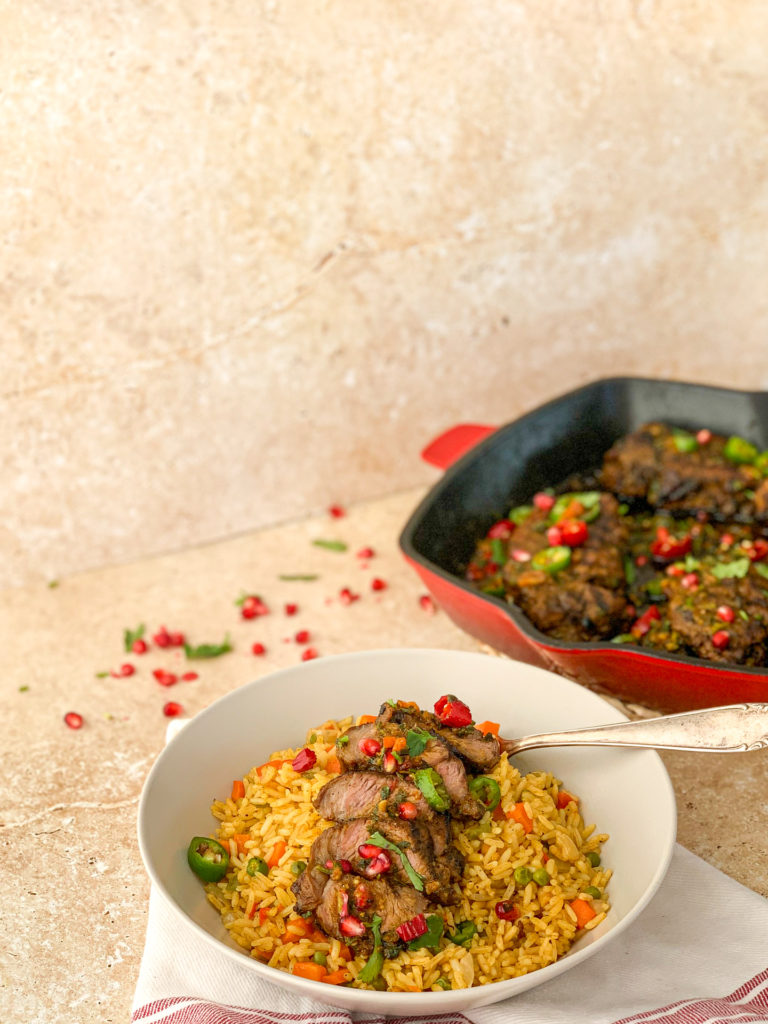 chilli and coriander lamb steaks with fried rice 