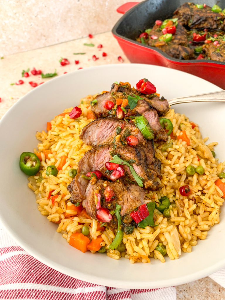 chilli and coriander lamb steaks with fried rice