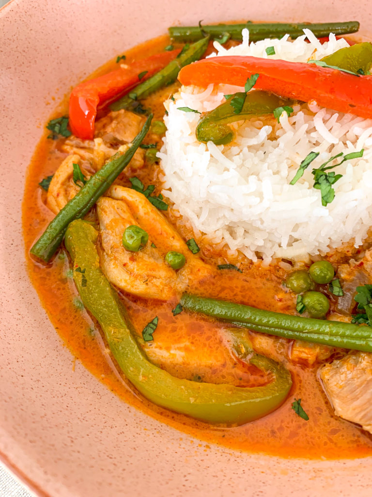 close up thai red curry with rice