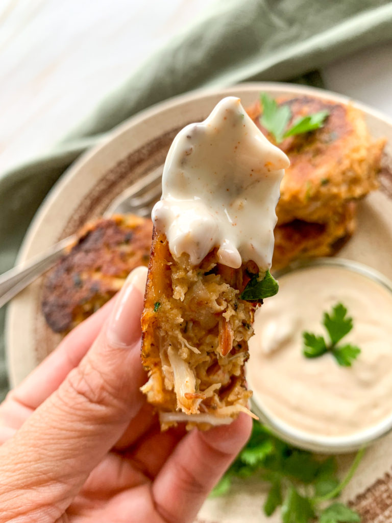 crab cakes dipped in mayo