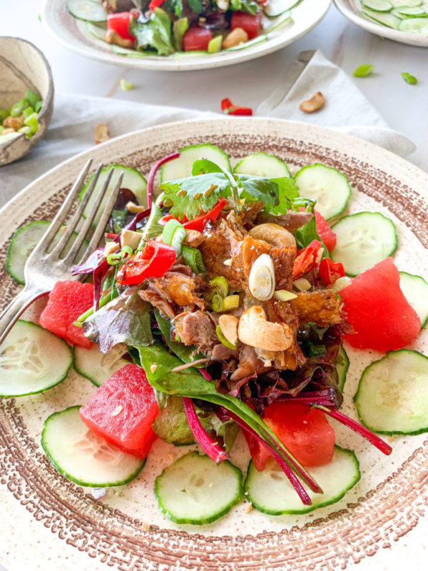 Refreshing Crispy Duck Salad with Watermelon, Cucumber & Cashews