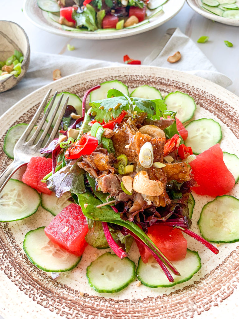 crispy duck salad up close