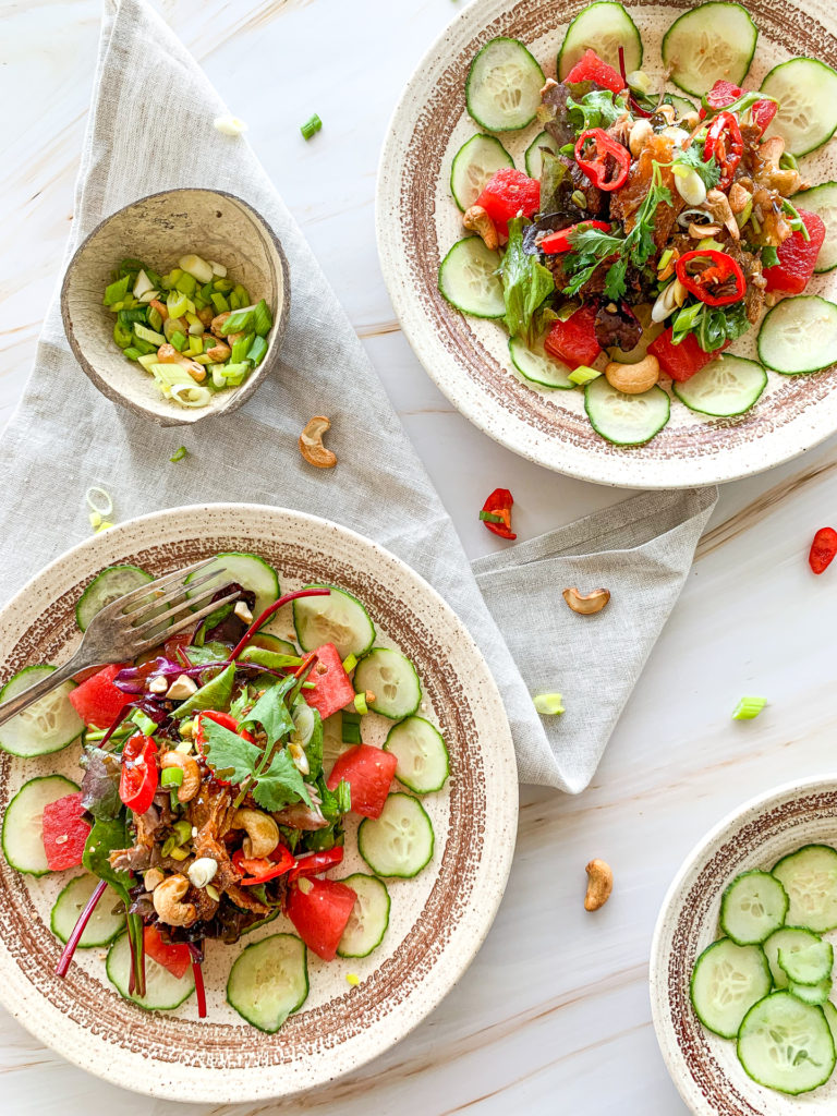 Refreshing Crispy Duck Salad with Watermelon, Cucumber & Cashews