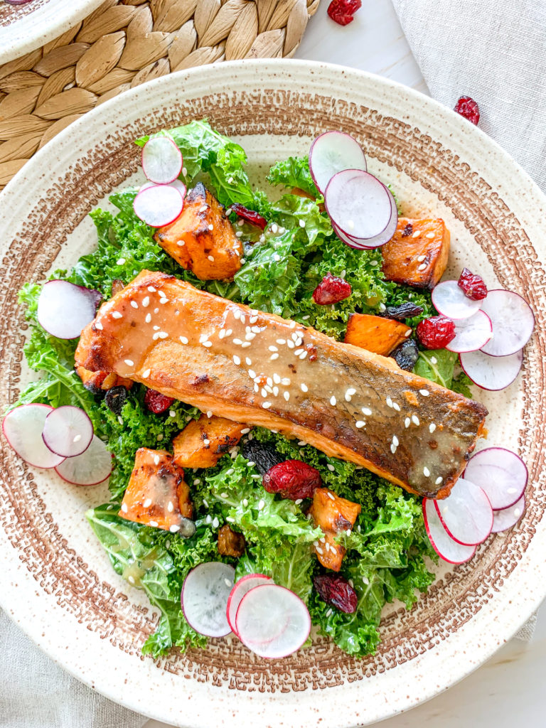 miso salmon salad close up