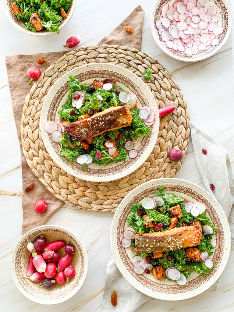 Sweet Miso Salmon Salad with Kale Radish and Dried Cranberries
