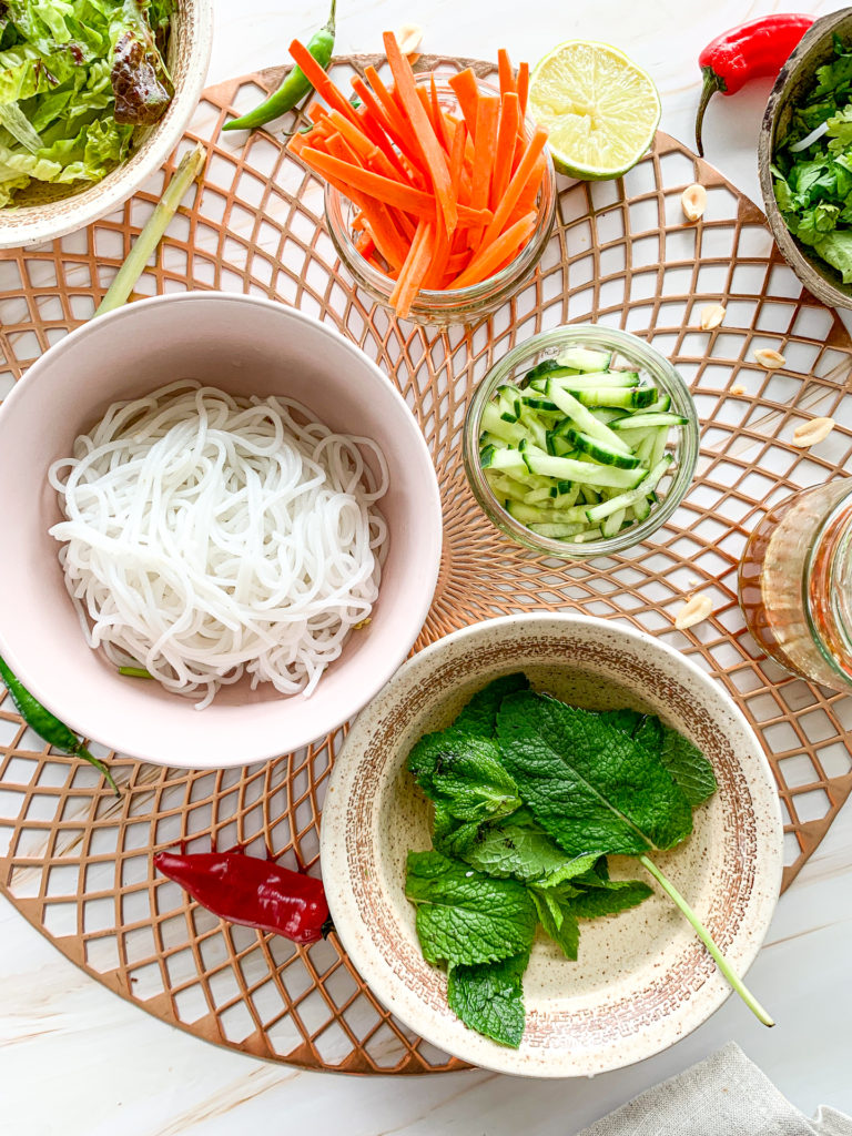 noodles mint cucumber and carrots