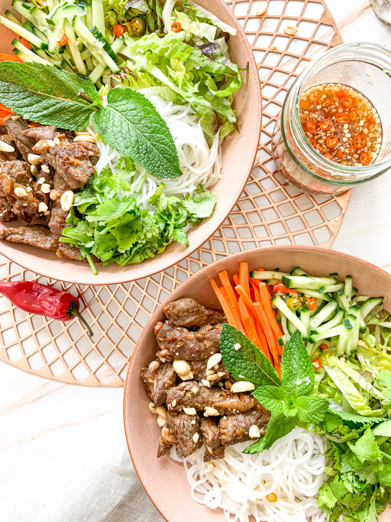 Vietnamese beef noodle salad close up