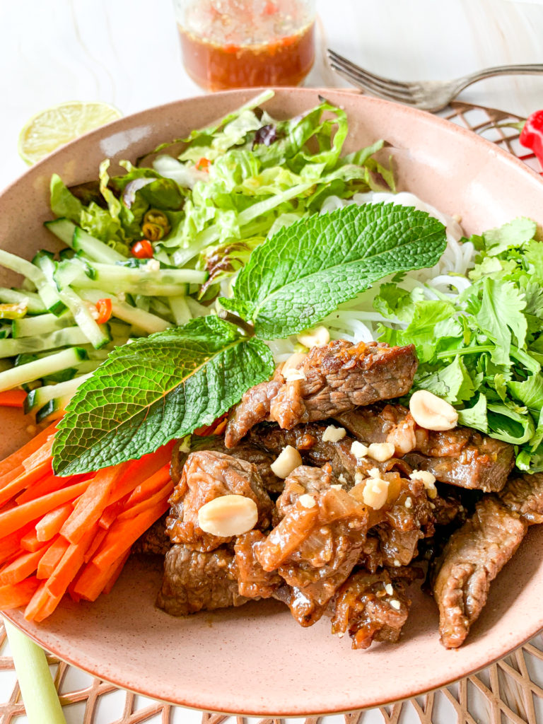 Vietnamese beef noodle salad super close up