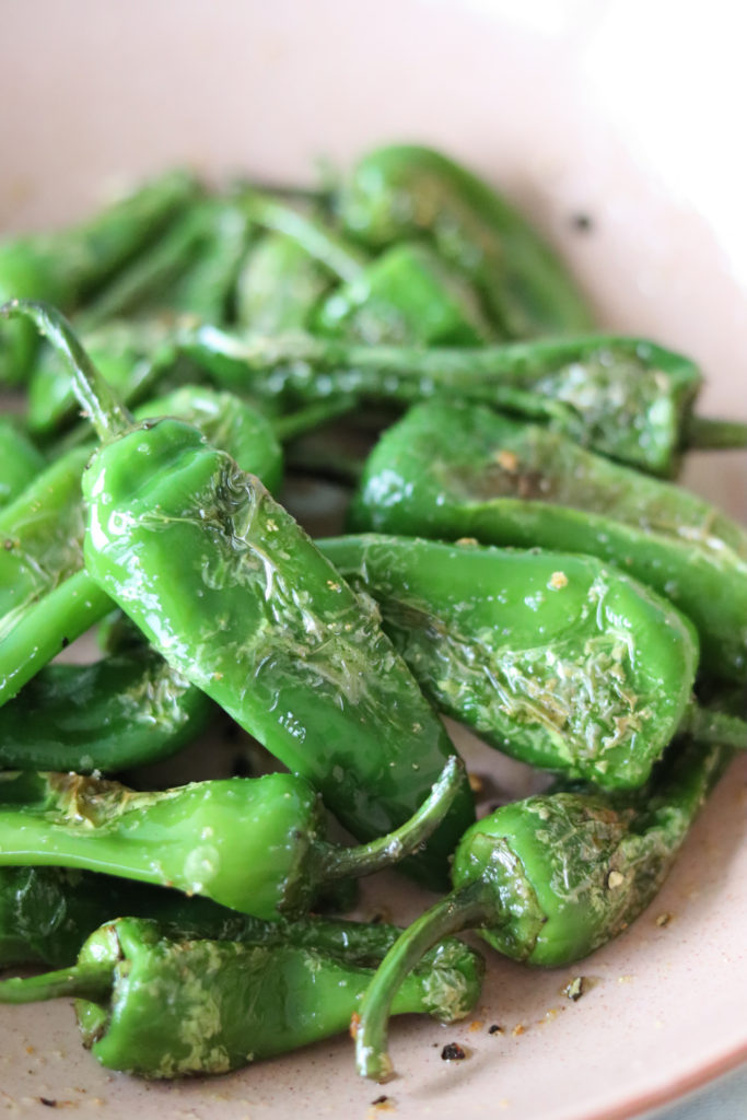 up close blistered padron peppers 