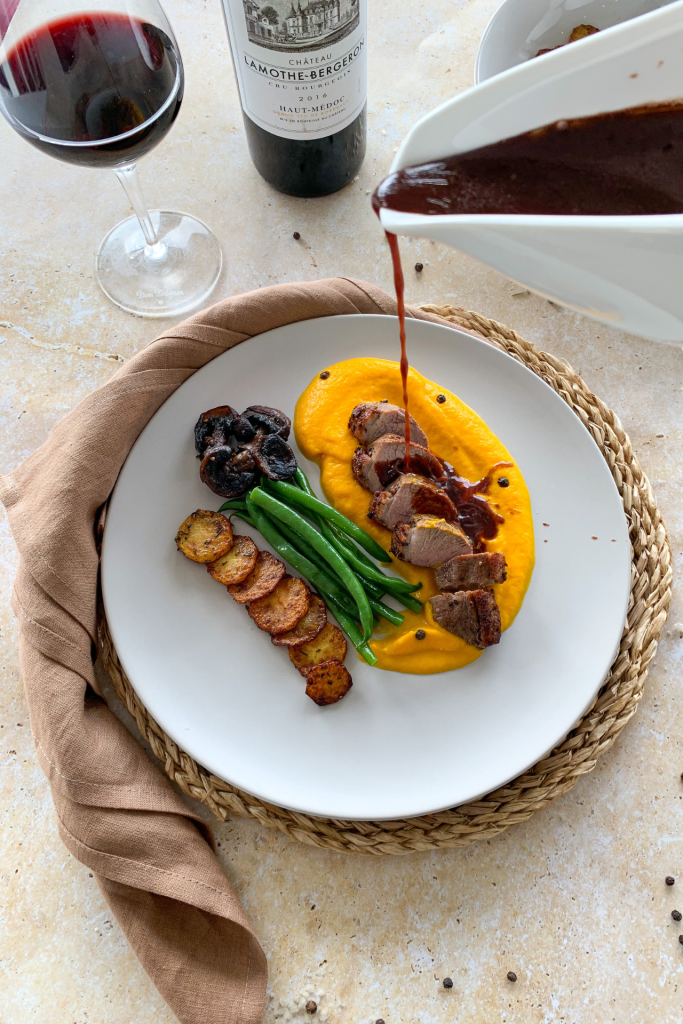 seared duck breast with carrot puree and red wine balsamic sauce