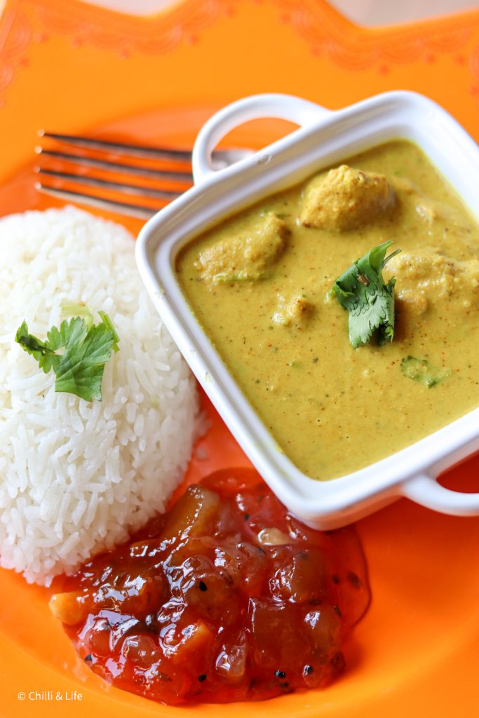 chicken korma with basmati rice and mango chutney