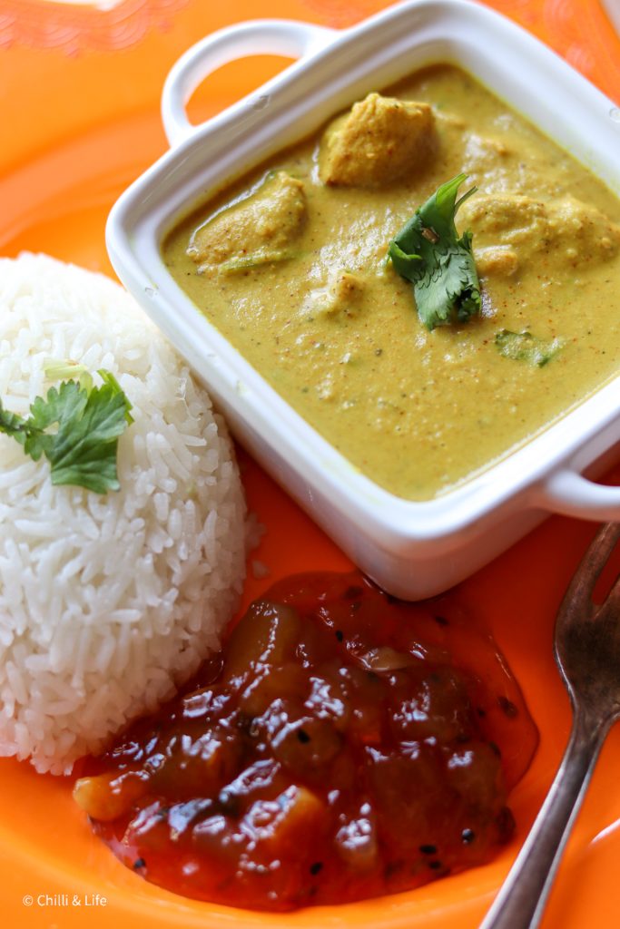 chicken korma with basmati rice and mango chutney