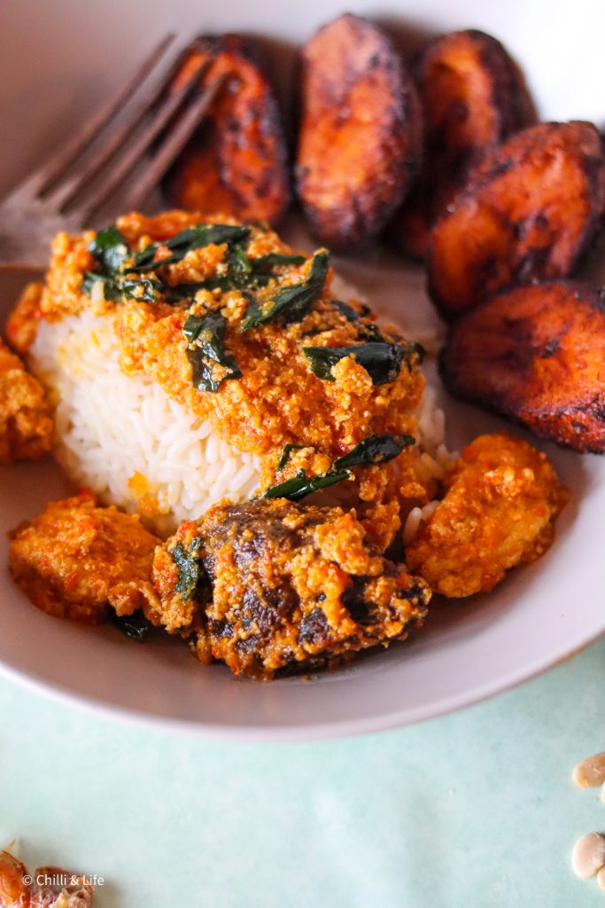 egusi soup with rice and fried plantain