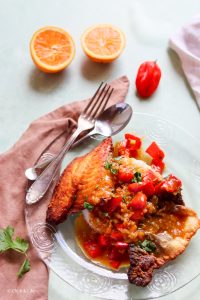 Fried fish covered in sweet and spicy thai sauce