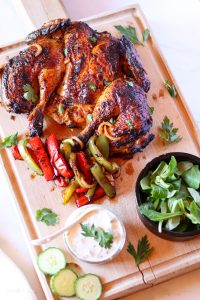 lemon and harissa roast chicken with peppers and taziki dip